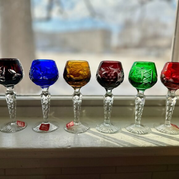 Set of 6 AJKA bohemian crystal cut to clear cordial small wine glasses NEW - Picture 2 of 10